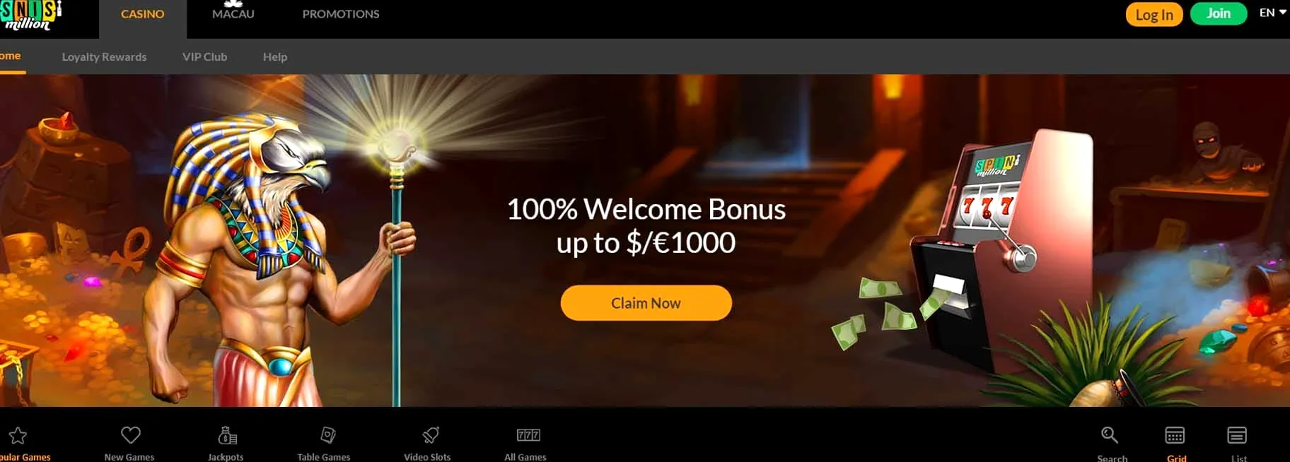 SpinMillion casino lobby met slots