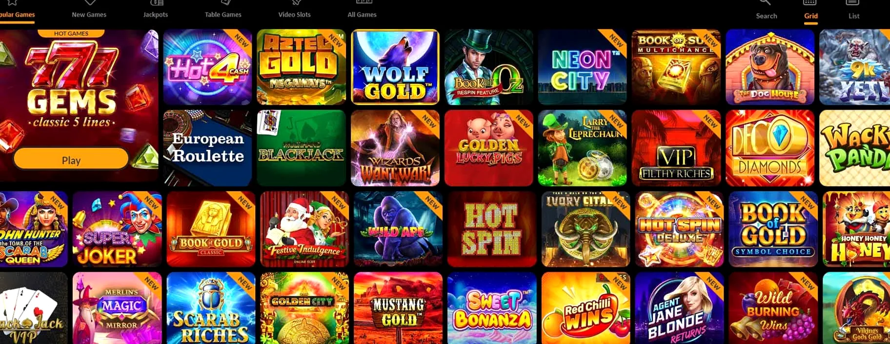 SpinMillion spellenaanbod op het scherm